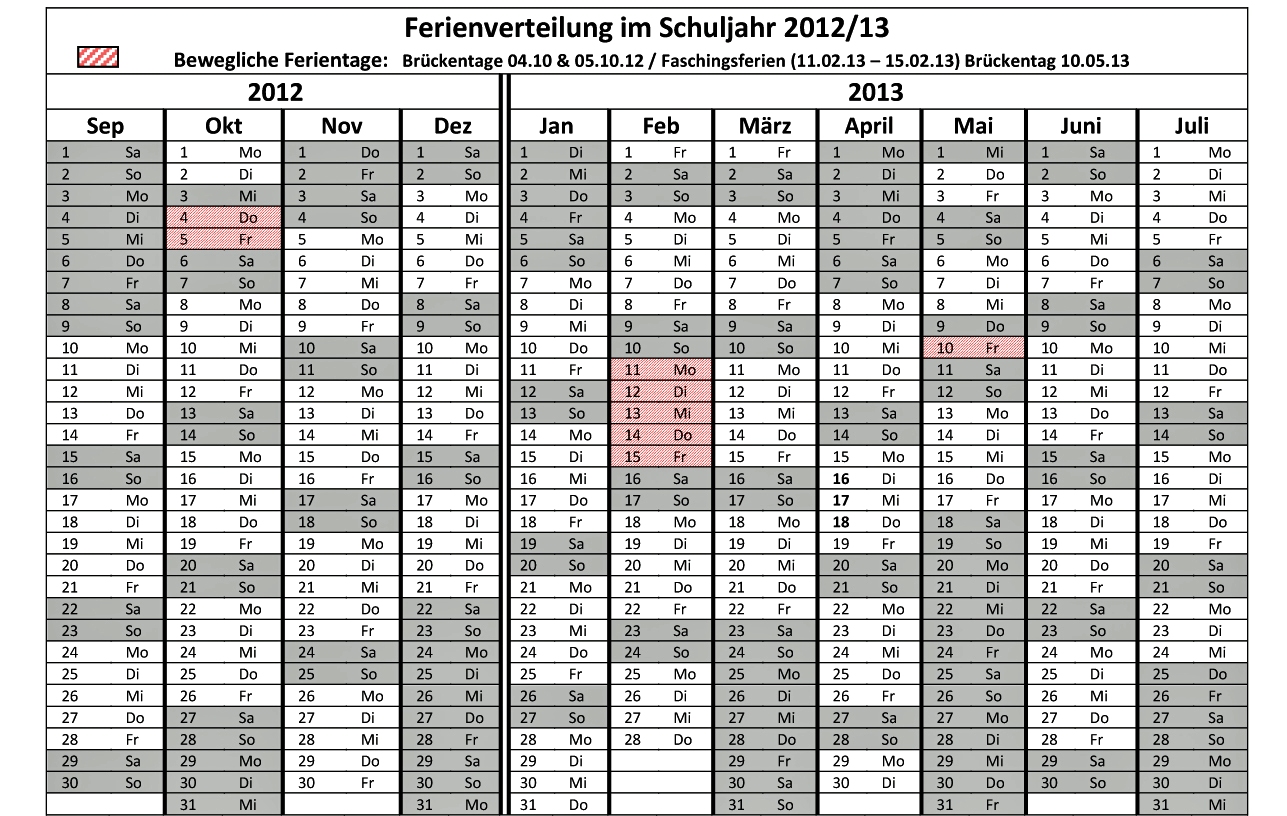 Ferien&uuml;bersicht 2012-13