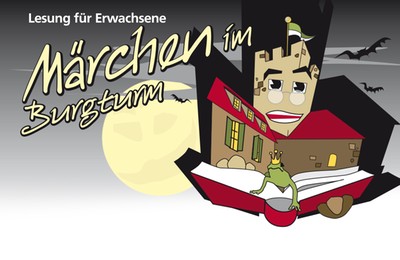 Märchen im Burgturm - Lesungen für Erwachsene (Hintergrundbild: Logo "Märchen im Burgturm" mit gezeichneter Abbildung der Burg, die ein Märchenbuch vor sich hat, auf dem der Froschkönig sitzt)