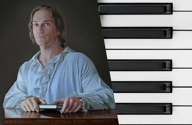 Abbildung zum Programm "Hölderlin -Stationen eines Lebens" von und mit Claudia Burris: Hölderlin-Portrait von Pironti (links), Klaviertastatur (rechts)