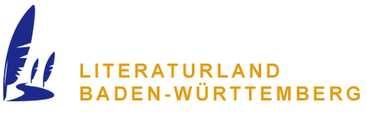 Logo des Literaturlandes Bad.-Württ: Drei blaue Schreibfedern entlang eines Weges