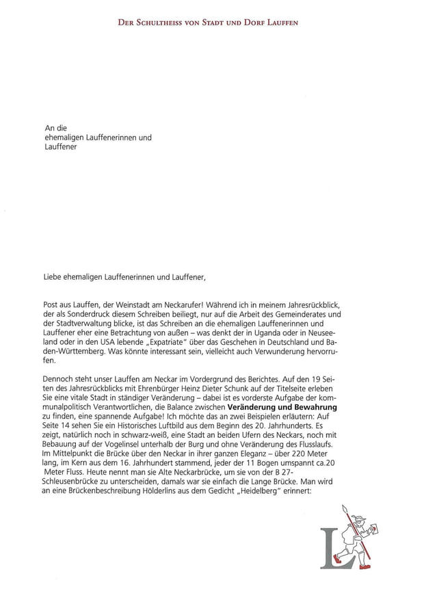 Brief von Bürgermeister Klaus-peter Waldenberger an die Auslandslauffener vom Februar 2023 