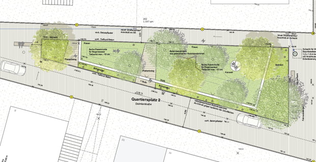Mit dem Quartiersplatz an der Daimlerstraße ist die Erschließung des Gebietes abgeschlossen.