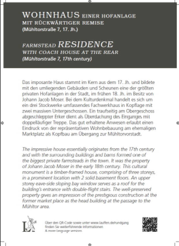 Beispiel einer Gebäudetafel am sanierten Kulturdenkmal Mühltorstraße 7