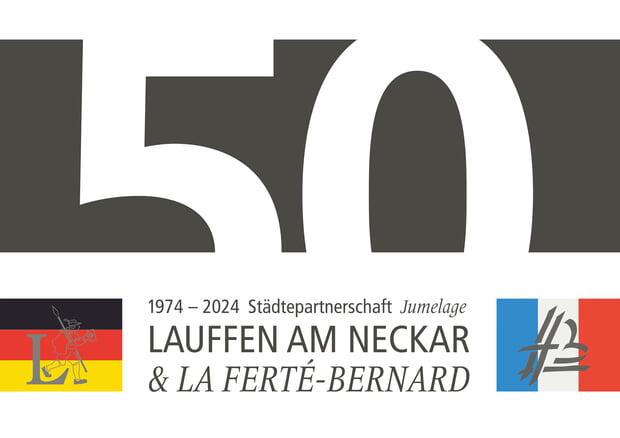 Logo "50 Jahre Städtepartnerschaft" Lauffen am Neckar - La Ferté-Bernard (links die deutsche Flagge mit Lauffen-Logo, rechts die französische Flagge mit dem Logo von La Ferté-Bernard)
