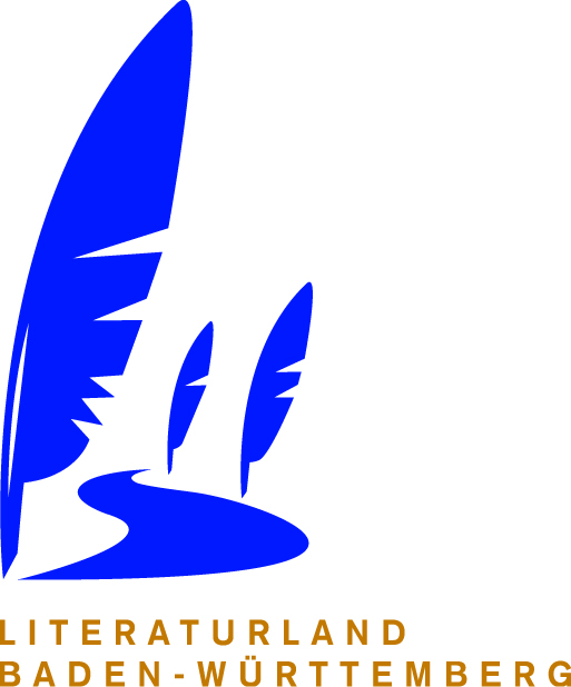 Drei blaue Schreibfedern und der Titel Literaturland