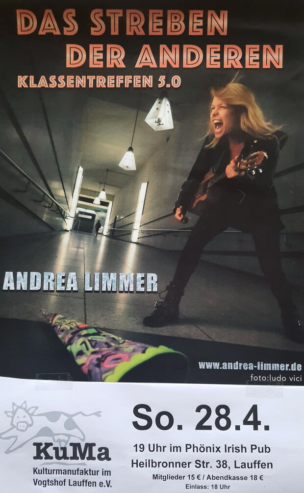 Plakat KuMa: Das Streben der Anderen - Kabarett mit Andrea Limmer am So, 28.4., 19 Uhr, Phoenix Irish Pub
