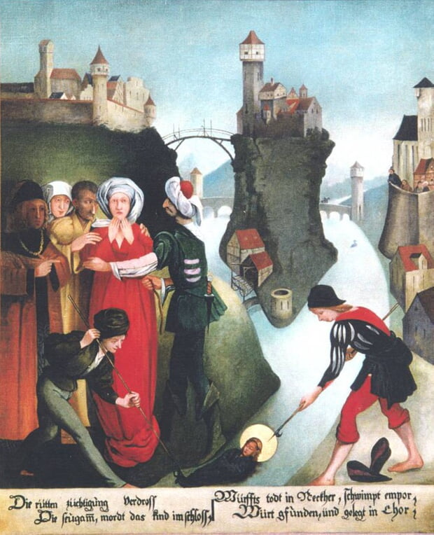 Die Heilige Regiswindis wird tot im Neckar bei Lauffen aufgefunden. Gemälde (Kopie einer Kopie) im Chor der Regiswindiskirche in Lauffen am Neckar. Bildinschrift: Die rütten züchtigung verdross Die Seugamm, mordt das kind im schloss, Würffts todt in Neckher, schwimpt empor Würt gfunden, und gelegt in chor.