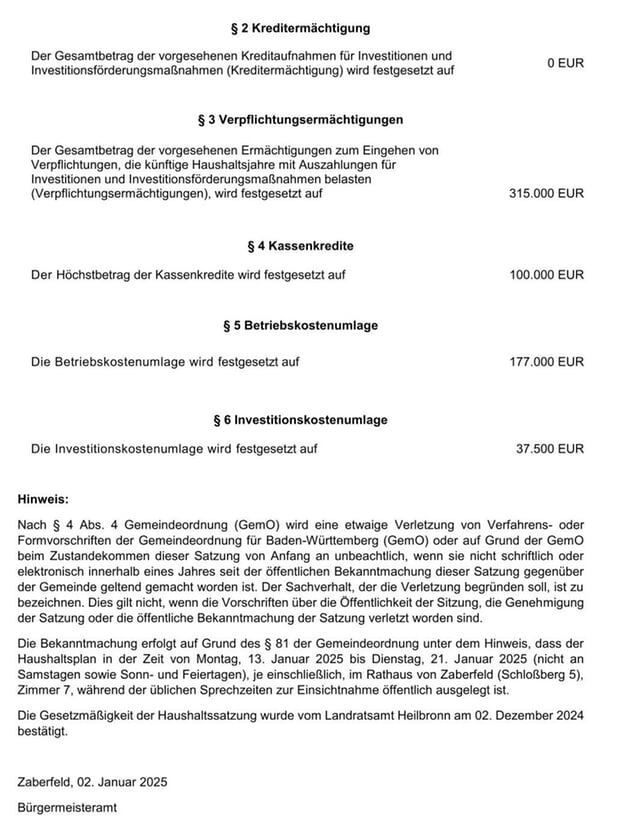 Haushaltssatzung des Wasserverbands Zaber