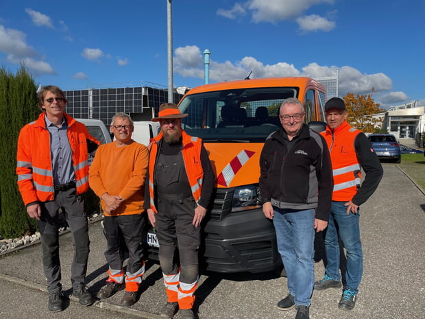 v.r.n.l. Bauhofleiter Thomas Brück, Uwe Lindheimer, Christian Ahrens und Reiner Schütz, Bauhof, Mathias Hertner, Gesamtleitung Bauhof/Stadtgärtnerei