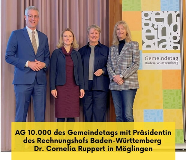 v.l.n.r. Steffen Jäger, Präsident und Hauptgeschäftsführer des Gemeindetags, Bürgermeisterin Sarina Pfründer, Dr. Cornelia Ruppert u. Rebecca Saile, Bürgermeisterin in Möglingen