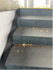 Immer wieder werden Zigarettenkippen auf der Treppe am Bahnhof achtlos auf den Boden geworfen!