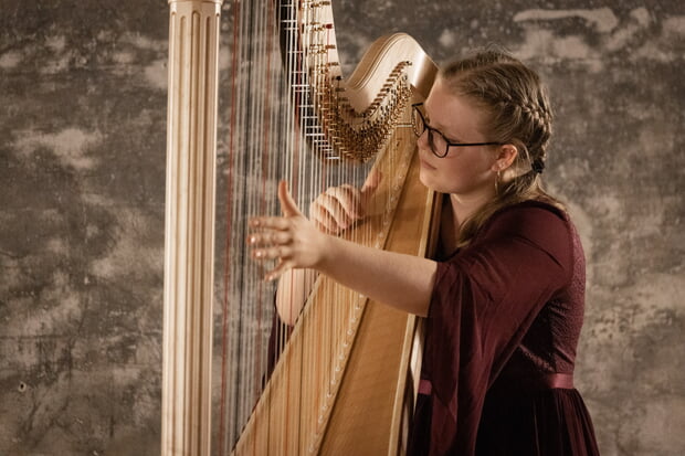 Harfenistin Charlotte Bommas (Alt-Text: Frau spielt Harfe. Dunkelbraunes Kleid, grauer Hintergrund)