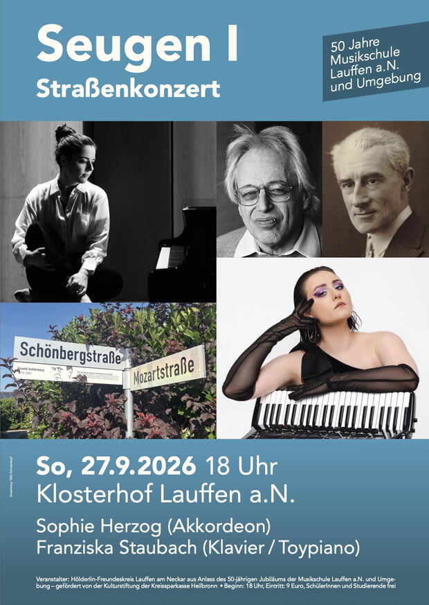 Plakat: Seugen I, 50 Jahre Musikschule Lauffen. Konzert am 27.9.2026 mit Sophie Herzog & Franziska Staubach.
