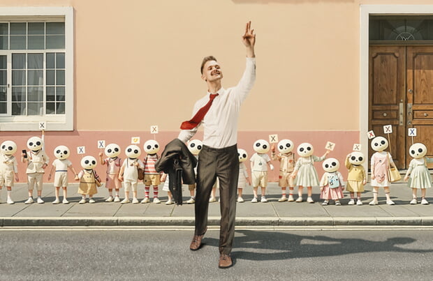 Werbeabbildung f&uuml;r das Theaterst&uuml;ck der Badischen Landesb&uuml;hne "Hey, hey, hey, Taxi!" (zu sehen: Mann mit Aktentasche vor einer Reihe von Puppen an einer Fassade)
