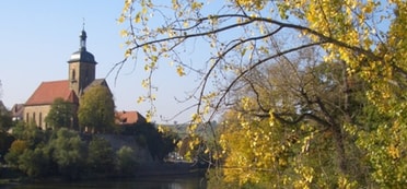 Regiswindiskirche mit hebstlichen Zweigen im Vordergrund