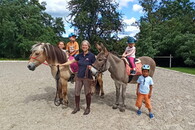 Kind mit Behinderung auf einem Pferd mit seiner Mutter, daneben weitere Kinder mit Therapieesel mit Kirsten Rickes 