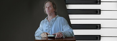 Abbildung zum Programm "Hölderlin -Stationen eines Lebens" von und mit Claudia Burris: Hölderlin-Portrait von Pironti (links), Klaviertastatur (rechts)