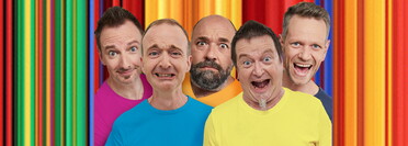 Die A-Cappella-Comedy-Gruppe Füenf kommt mit "ENDLICH - Die Abschiedstour" nach Lauffen (5 Männer, die komische Grimassen schneiden vor buntem Hintergrund)