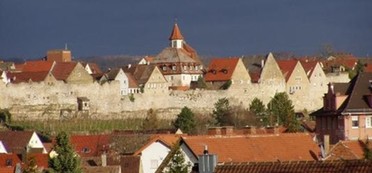 Blick auf die Lauffener Stadtmauer mit Häusern im Vordergrund