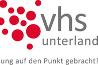 Das Logo der VHS Unterland mit vielen unterschiedlich großen roten Punkten