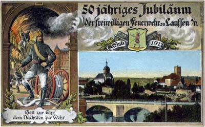 Buntes Bild zum 50jährigen Jubiläum 1913 mit Stadtansicht und Feuerwehrmann