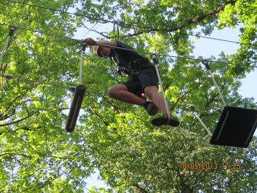 Ein Jugendlicher klettert auf einer Hängebrücke hoch oben in einem Baum 