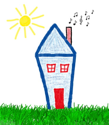 Gemaltes Kinderbild mit Haus und Sonne