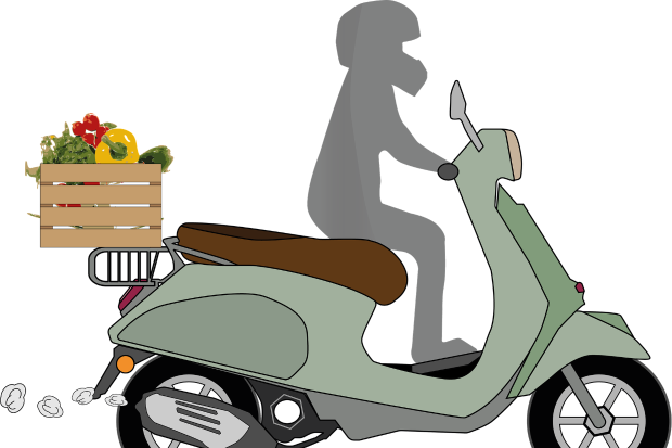 Logo für den Lieferservice: Rollerfahrer mit bunter Gemüsekiste auf dem Gepäckträger