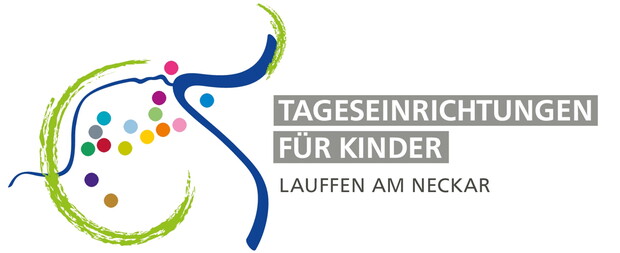 Gesamtlogo Kinderbetreuung mit stilisiertem Neckar und vielen bunten Punkten
