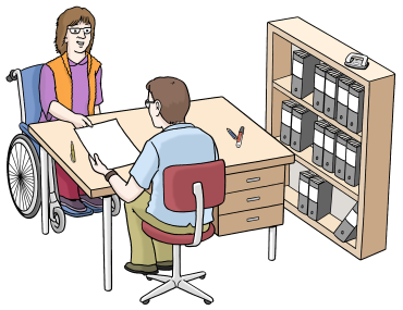Zeichnung einer Szene am Schreibtisch, bei der sich zwei Personen gegenübersitzen, Illustrator Stefan Albers, Atelier Fleetinsel, 2013 
