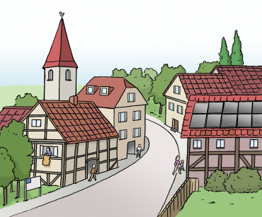 Zeichnung eines Dorfes mit Häusern, Straße und Kirche, Illustrator Stefan Albers, Atelier Fleetinsel, 2013 