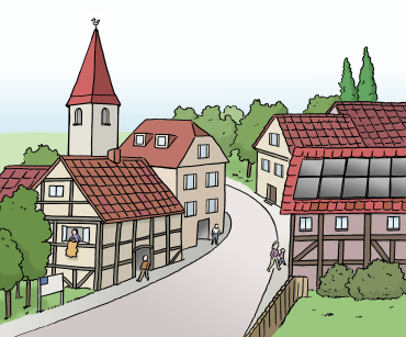 Dorf - Die Bilder sind von: © Lebenshilfe für Menschen mit geistiger Behinderung Bremen e.V., Illustrator Stefan Albers, Atelier Fleetinsel, 2013