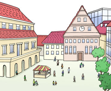 Zeichnung eines Marktplatzes mit Häusern, Illustrator Stefan Albers, Atelier Fleetinsel, 2013 