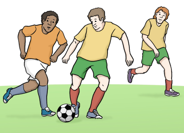 Zeichnung von drei Männern, die Fußball spielen, Illustrator Stefan Albers, Atelier Fleetinsel, 2013 