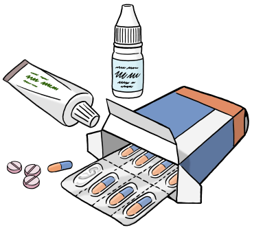 Zeichnung mehrerer unterschiedlicher Medikamente, Illustrator Stefan Albers, Atelier Fleetinsel, 2013 