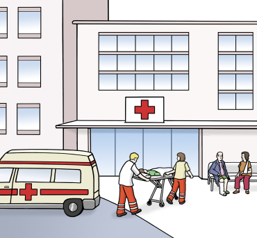 Zeichnung eines Krankenhauses mit Notarztwagen, Illustrator Stefan Albers, Atelier Fleetinsel, 2013 