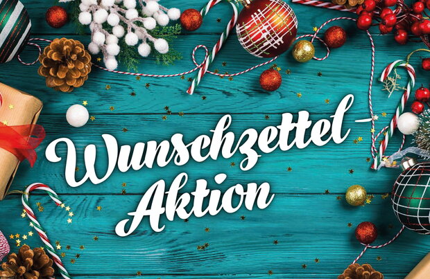 Logo der Wunschzettel-Aktion mit Schriftzug auf Weihnachtsdeko (Foto: pixabay, Grafik: face design)