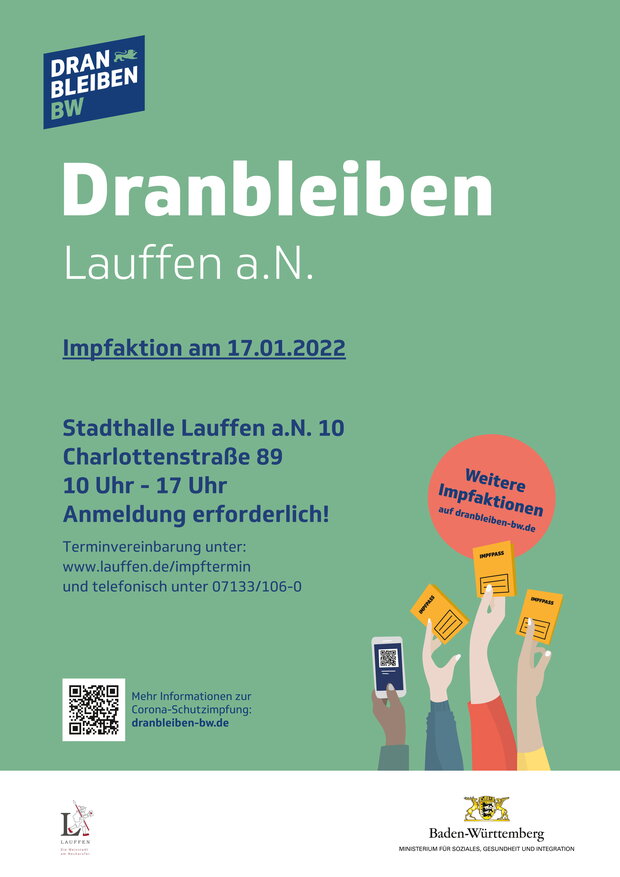 Dranbleiben BW: Impfaktion am 17.1.2022, Stadthalle Lauffen a.N., 10 - 17 Uhr, Anmeldung unter www.lauffen.de/impftermin oder Tel. 07133/106-0 