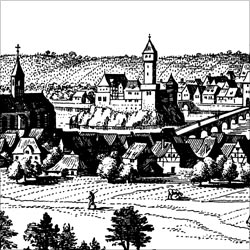 alter Merian-Stich in schwarz-weiß: zu sehen ist links die Regiswindiskirche, der Neckar mit den Bögen der Alten Neckarbrücke und die Burg mit dem dahinter liegenden Lauffener Städtle