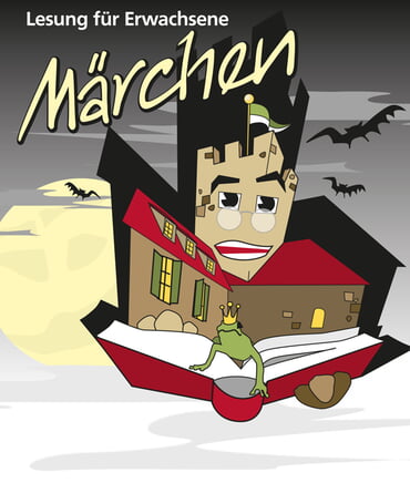 Illustration einer lesenden Burg, ein Froschkönig sitzt auf dem Buch, aus dem gelesen wird