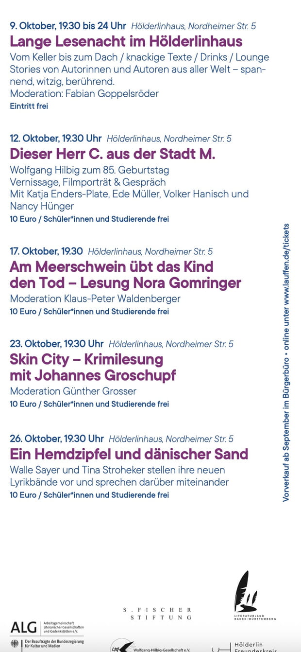 Flyer: Veranstaltungsreihe "Lange Lesenacht im Hölderlinhaus" mit Terminen und Künstlern.