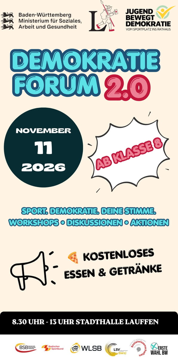 Werbeabbildung für: "DEMOKRATIE FORUM 2.0", 11. November 2026, Lauffen. Workshops, Diskussionen, kostenloses Essen & Getränke.