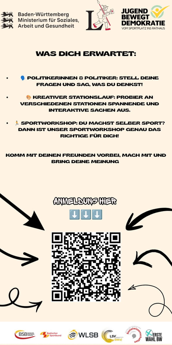 Flyer: Jugend bewegt sich! Politiker*innen-Stell, interaktiver Stationslauf & Sportworkshop. QR-Code für Anmeldung: https://docs.google.com/forms/d/e/1FAIpQLScBOiO5Ai-ZPxjygNfwazLSmJtPIWeUhrVGrwwY5R9xJBaHXQ/viewform?usp=publish-editor