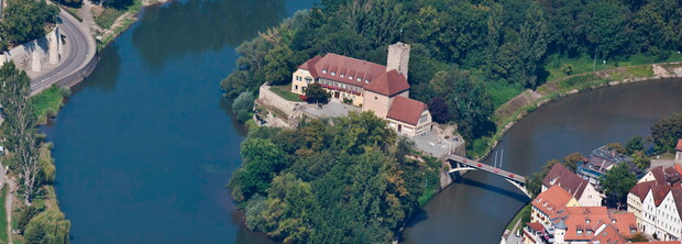 Luftbild der Lauffener Rathausinsel mit Alter Neckarbrücke 